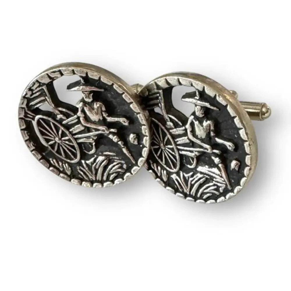 Vintage MCM 1” Large Metal Cuff Links of Man with Rickshaw, Silver Dapper Day